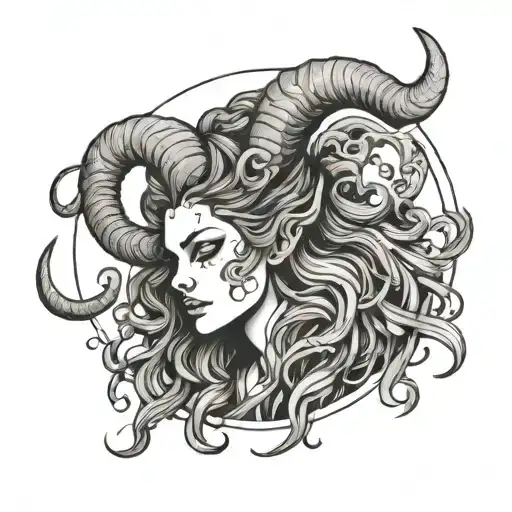 Capricorn women sea goat horns with long curly hair surrounded full body tattoo design idea