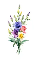 dainty bouquet of gladiolus, sweet pea, rose, daffodil with a little bit of color tattoo design idea