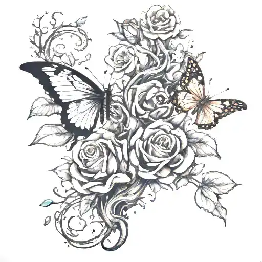 poison tree with semi colon butterflies and a rose at the top with two eyes and chinese words saying let your power grow tattoo design idea
