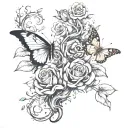 poison tree with semi colon butterflies and a rose at the top with two eyes and chinese words saying let your power grow tattoo design idea