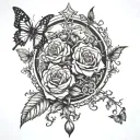 poison tree with semi colon butterflies and a rose at the top with two eyes and chinese words saying let your power grow tattoo design idea
