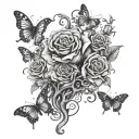 poison tree with semi colon butterflies and a rose at the top with two eyes and chinese words saying let your power grow tattoo design idea