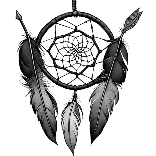 feather, arrow, dream catcher entangled tattoo design idea
