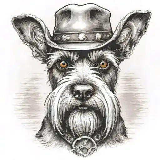 salt and pepper schnauzer with cowboy hat and brown eyes and a collar looking with western background tattoo design idea
