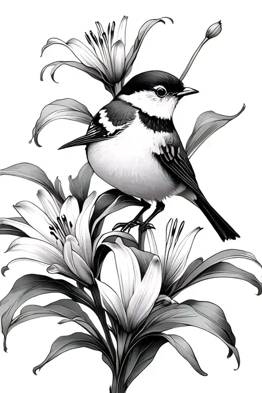 lily flowers with small lark bird tattoo design idea