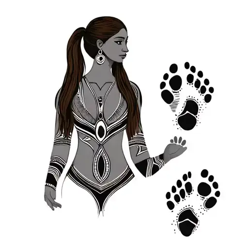 Aboriginal designs, mother with slender build and bigger breast, long brown hair in high pony 3 sons foot prints tattoo design idea