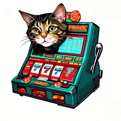 A tattoo design featuring a cat playing a slot machine in a casino tattoo design idea