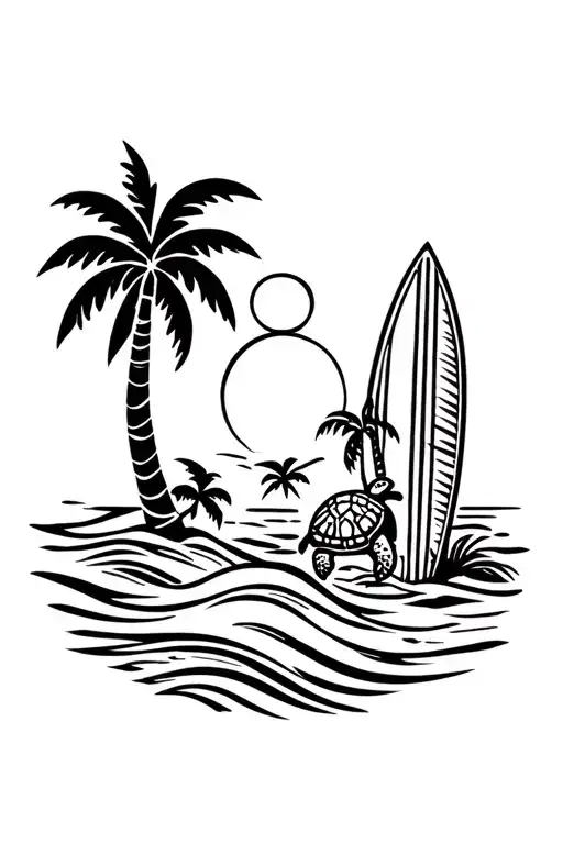 palm tree, sun, wave, coconut, sea turtle and surf board tattoo design idea