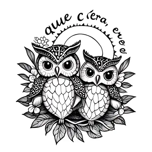 2 swimming turtles, flower owl, cute fine line tattoo, includ a simple Sicilian sun and the words 'que c'era, c'era' tattoo design idea