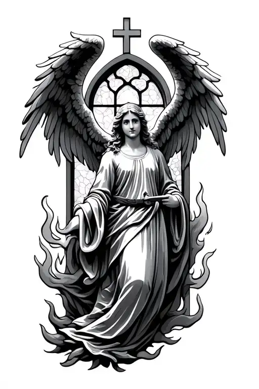 angel, church glass window, fire flames tattoo design idea