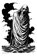 A ghost in a sheet over a ocean with the quote "Let the ocean take me" tattoo design idea