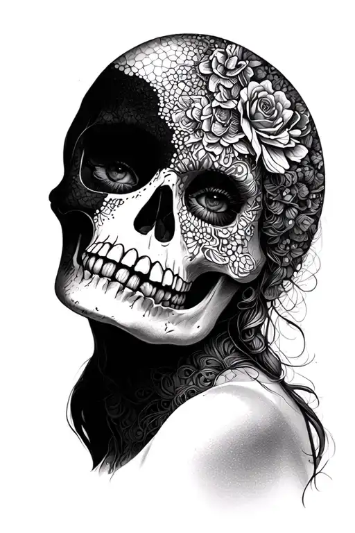 half women's face skulls tattoo design idea