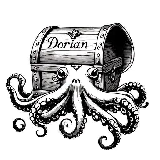 octopus around a treasure chest with the name Dorian on tattoo design idea