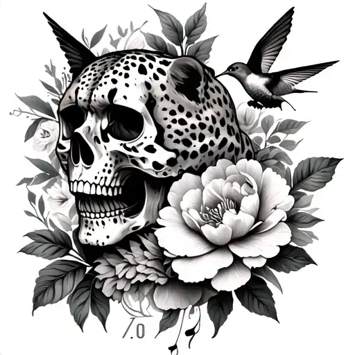 skull, cheetah, peony flowers, 777, and two hummingbirds  tattoo design idea
