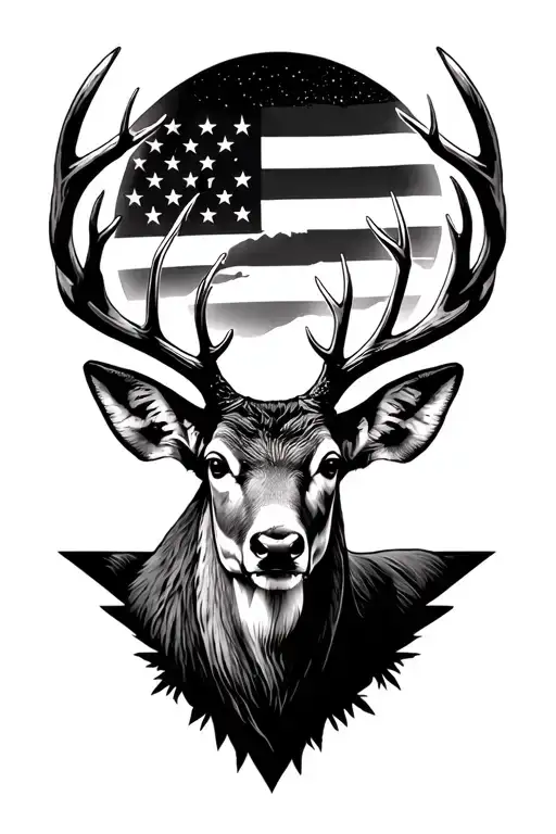 mountain u.s flag, moon light river white tail deer, not all who wonder are lost  tattoo design idea