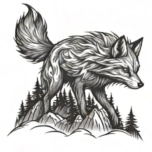 High mountains in front of them an evil fox with nine tails breaks trees a tattoo sketch tattoo design idea