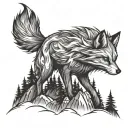 High mountains in front of them an evil fox with nine tails breaks trees a tattoo sketch tattoo design idea