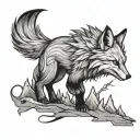 High mountains in front of them an evil fox with nine tails breaks trees a tattoo sketch tattoo design idea