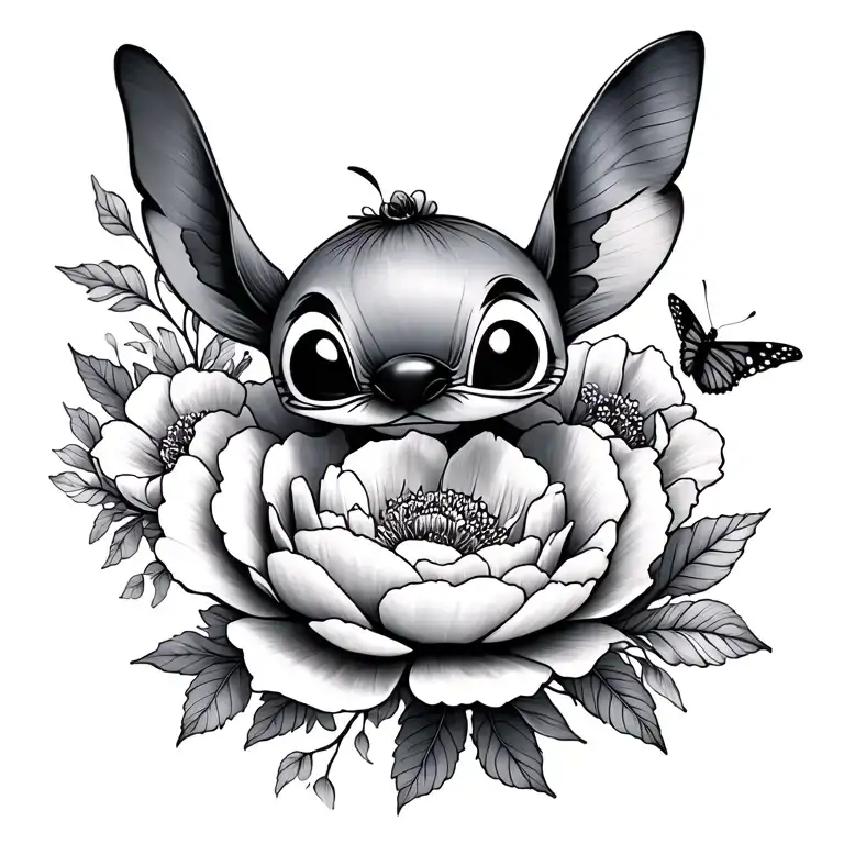 little stitch and peonies and butterfly tattoo design idea