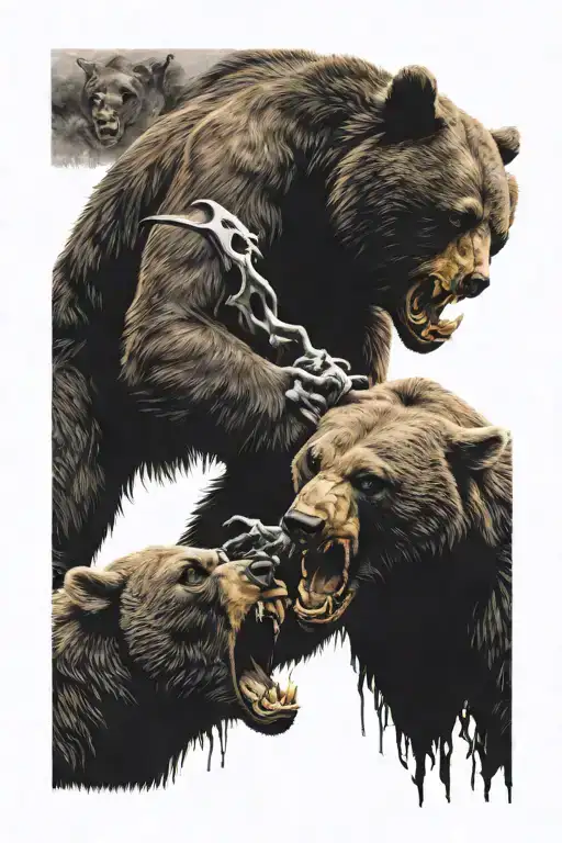 bear  fighting and skulls tattoo design idea