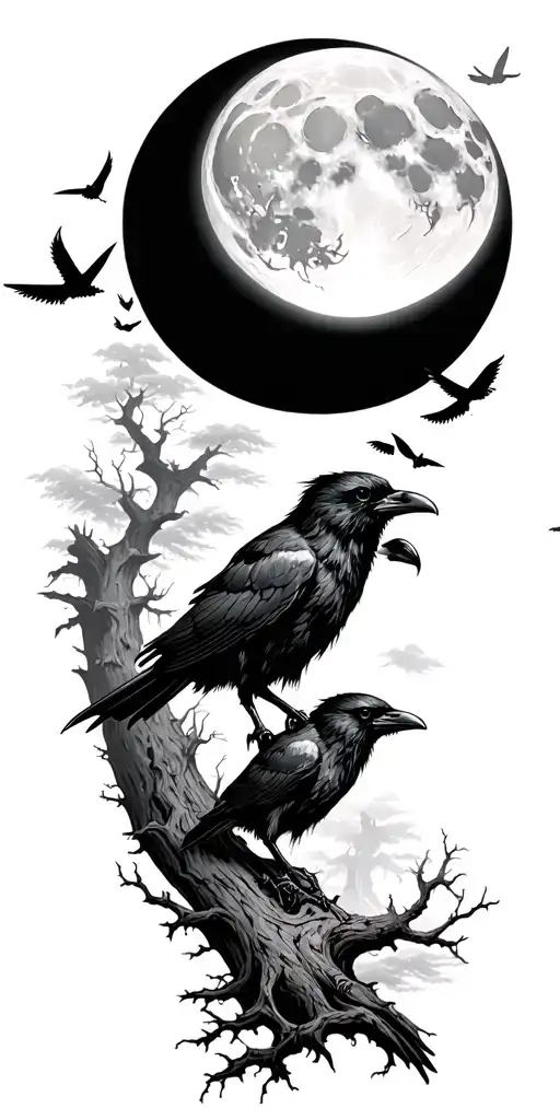 haunted forest sleeve with full large moon on shoulder, ravens, fog, dead trees, clouds, skull hidden in the moon  tattoo design idea