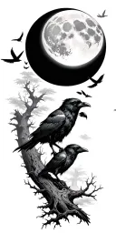 haunted forest sleeve with full large moon on shoulder, ravens, fog, dead trees, clouds, skull hidden in the moon  tattoo design idea