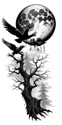 haunted forest sleeve with full large moon on shoulder, ravens, fog, dead trees, clouds, skull hidden in the moon  tattoo design idea