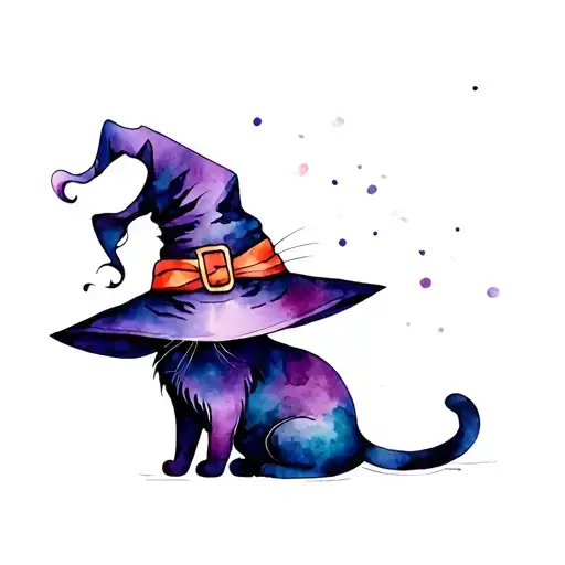 cat wearing a witch hat tattoo design idea