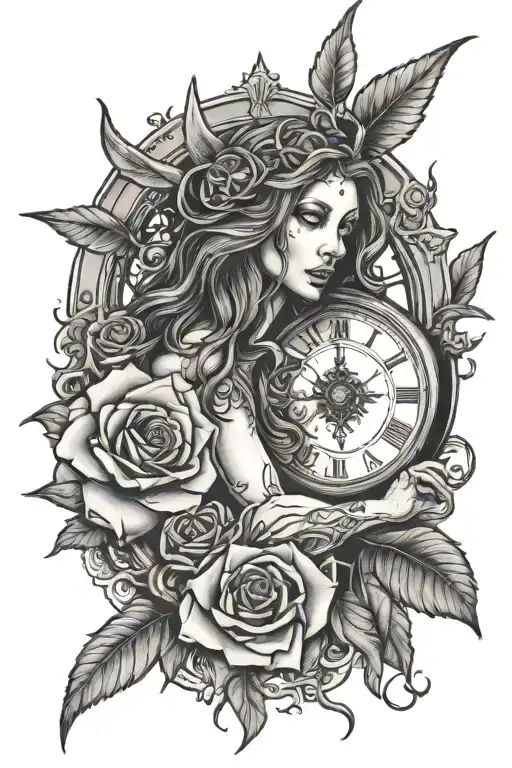 jesus, rose, clock, wheel, woman, devil tattoo design idea