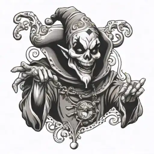 jester dancing with mask in hand bells instead of face skull tattoo design idea