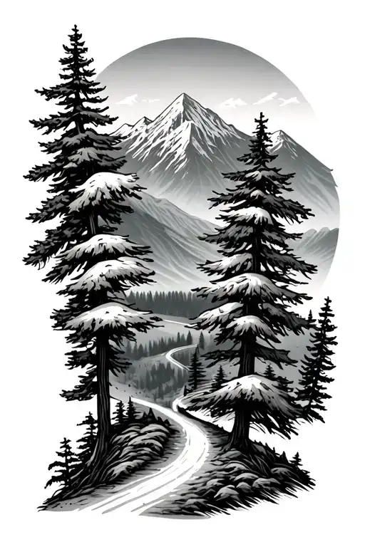 pine trees with mountain and road wrap tattoo design idea