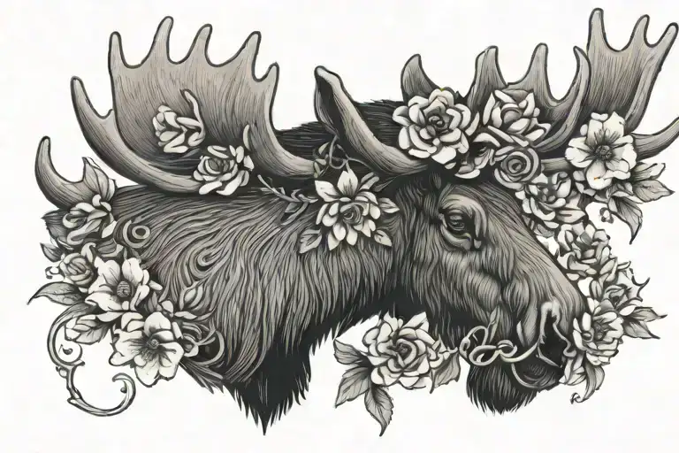 Moose head with flowers intertwined tattoo design idea