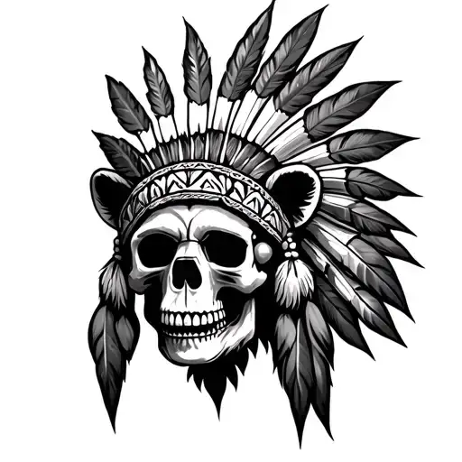 indian skull , 3 plumes, bear head, 2 fleches tattoo design idea