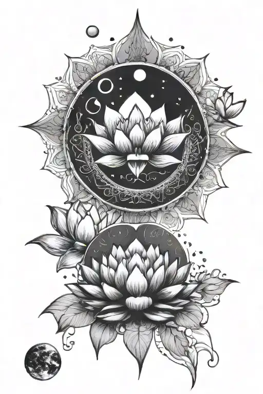 different phases of the moon, with a sun rising and one lotus flower  tattoo design idea