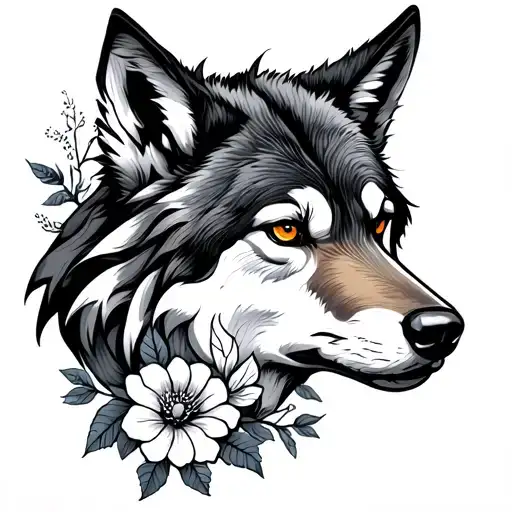 Wolf head tattoo with flowers around it infront mountains on the back tattoo design idea