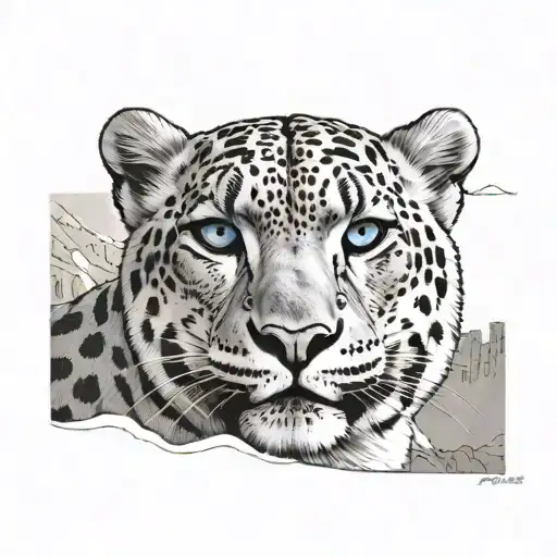 snow leopard with greek acropolis background with blue eyes showing teeth tattoo design idea