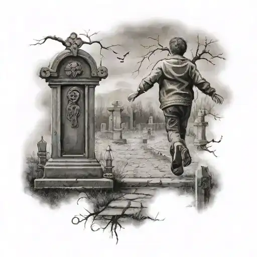 A boy skipping in a graveyard scene tattoo design idea