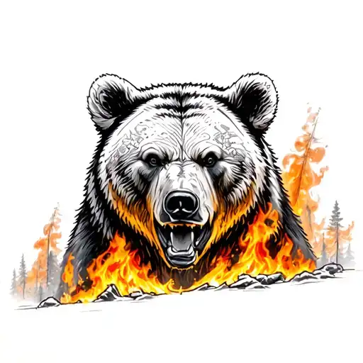 A sketch of tattoos on the shoulder, the Russian bear breaks NATO against the backdrop of a burning forest tattoo design idea
