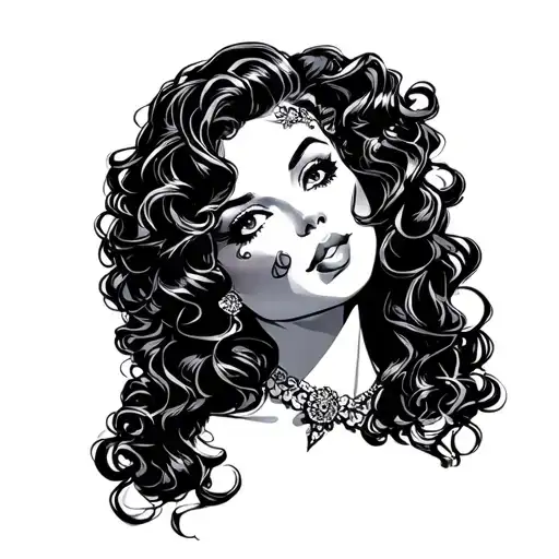 curvy pinup girl with curly hair tattoo design idea
