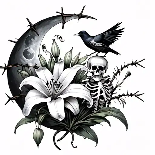 lilies with barbed wire, skeleton, a half moon, and a bird tattoo design idea