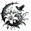 lilies with barbed wire, skeleton, a half moon, and a bird tattoo design idea
