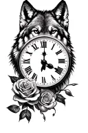 wolf clock and rose tattoo design idea