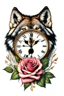 wolf clock and rose tattoo design idea