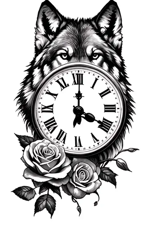 wolf clock and rose tattoo design idea