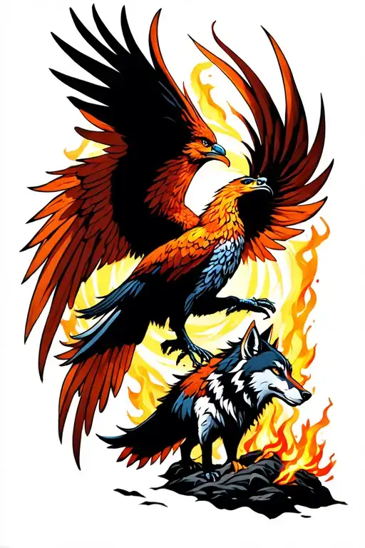 Phoenix bird and a wolf helping him rise from the ashes  tattoo design idea