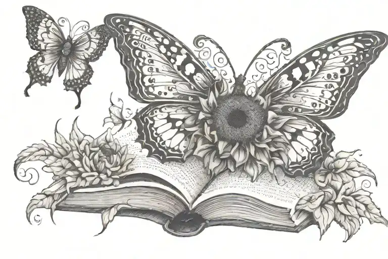 Sunflower Butterfly Book tattoo design idea