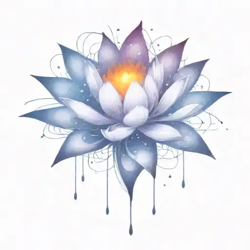 deep space themed objects and orbiting stars with trajectories around the lotus. dark colors, lexploding star in center  tattoo design idea