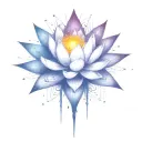 deep space themed objects and orbiting stars with trajectories around the lotus. dark colors, lexploding star in center  tattoo design idea