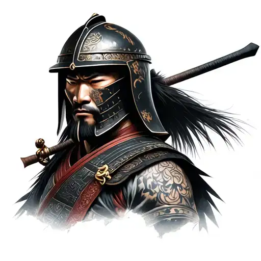 photo realistic ronin samurai wearing a kabuto helmet with maedate tattoo design idea