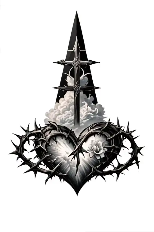 heart shape, clouds, rays, floral patterns, Norse cross, crown of thorns tattoo design idea